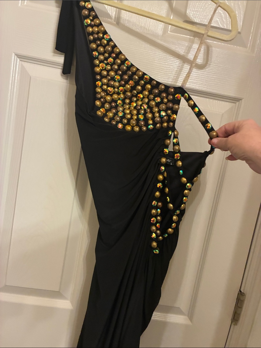 Black‎ One-Shoulder Evening Dress with Gold Bead Accents